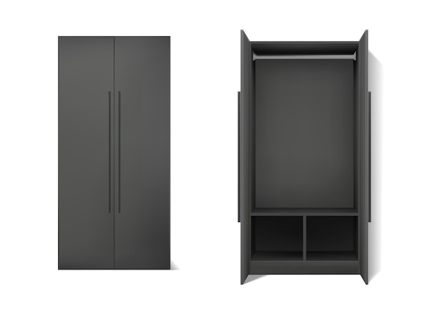 無料ベクター 現実的なベクトルのアイコンを設定白で隔離される 2 つのドアの開閉と暗いドレス食器棚
