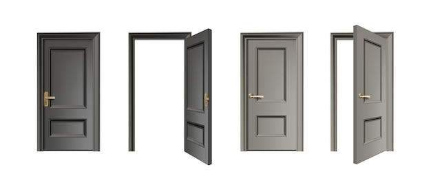 현실적인 벡터 아이콘 세트 도어는 닫힌 문과 열린 문으로 입구 컬렉션을 설정합니다.