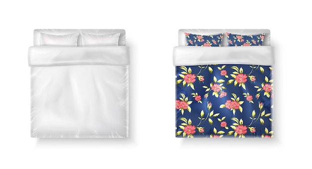 現実的なベクトルアイコンセット白のベッドシーツ羽毛布団と白とprの2つの枕とダブルベッド