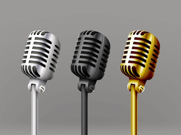 realistic vector icon. Set of music microphones, vintage old style in silver, black and gold. Isola