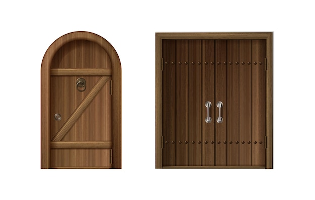 Set di icone vettoriali realistico vecchie porte in legno antiche con maniglie dorate e cromate ad arco