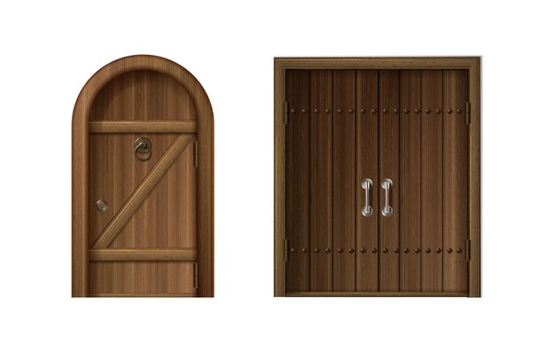 реалистичный векторный набор иконок Старые старинные деревянные двери с золотыми и хромированными ручками арочные