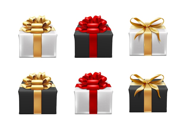 realistic vector icon set Present boxes collection in white and black with golden and red ribbons