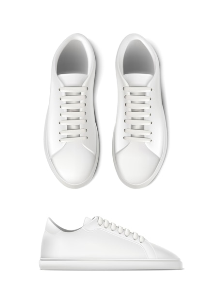 현실적인 벡터 아이콘 흰색 측면 및 상단 보기에서 실행 중인 운동화 신발 세트