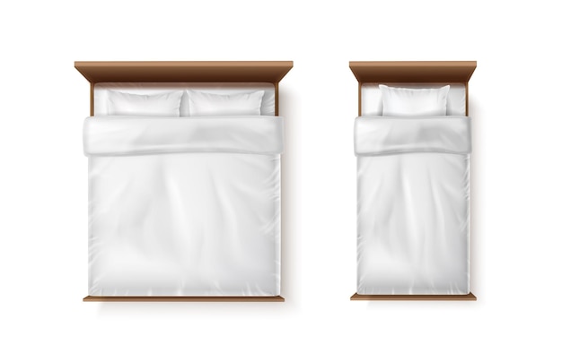 Vettore gratuito set di icone vettoriali realistico letto singolo e matrimoniale con lenzuola bianche, piumino e due cuscini