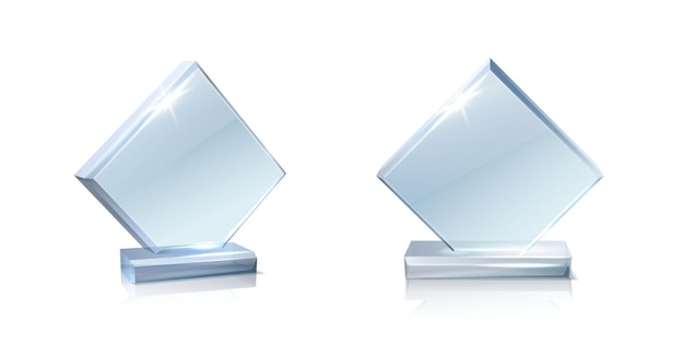 Free vector realistic vector icon set square glass winner trophy in side and front view isolated on white back