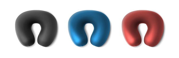 Бесплатное векторное изображение Реалистичный набор векторных иконок дорожные подушки шеи спереди в сером синем и красном цвете