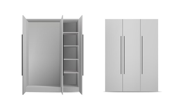 realistic vector icon set White dress cupboard with two doors opened and shelves and closed Is
