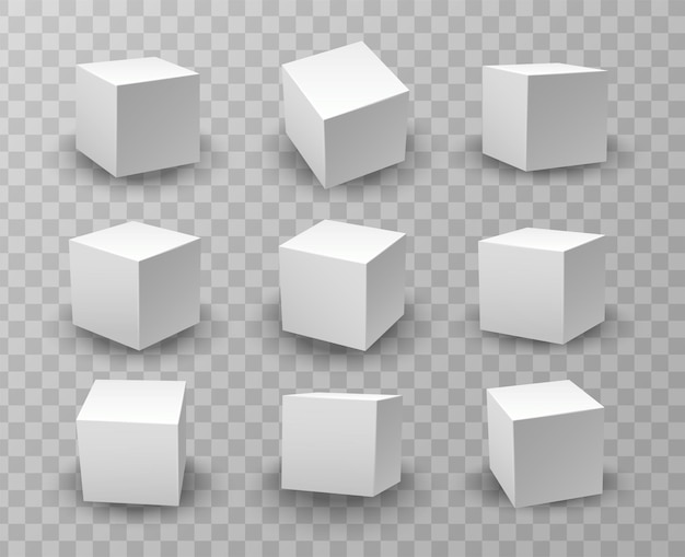 Free vector realistic vector icon set white modeling cube mockups under different lightning