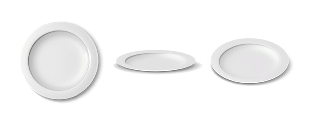 реалистичные вектор икона набор Белые фарфоровые тарелки сбоку спереди и сверху изолированного на белом фоне