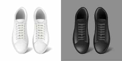 Бесплатное векторное изображение Реалистичная векторная икона белые и черные кроссовки с кружевной спортивной обувью