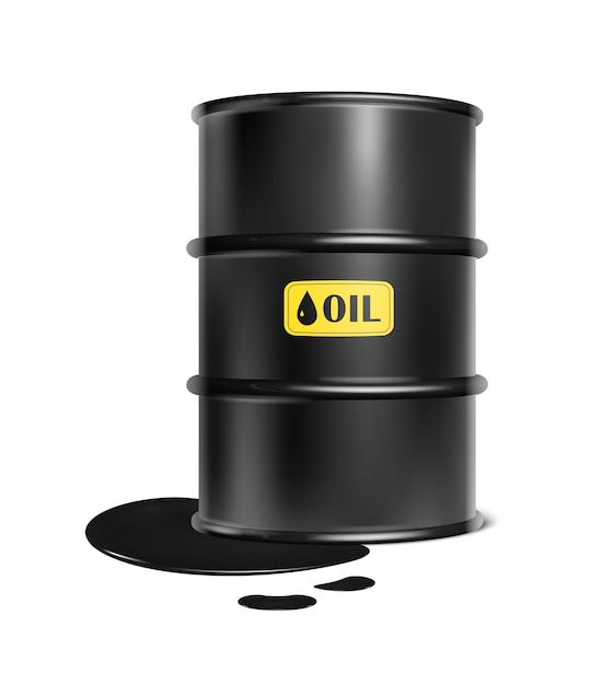 Free vector realistic vector illustration. black oil barrel with  spilled black liquid.