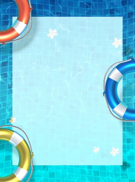 Realistic vector illustration pool party banner top view with lifebyous