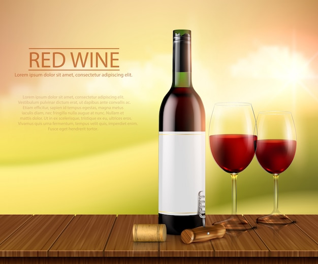 Realistic vector illustration, poster with glass wine bottl and glasses with red wine