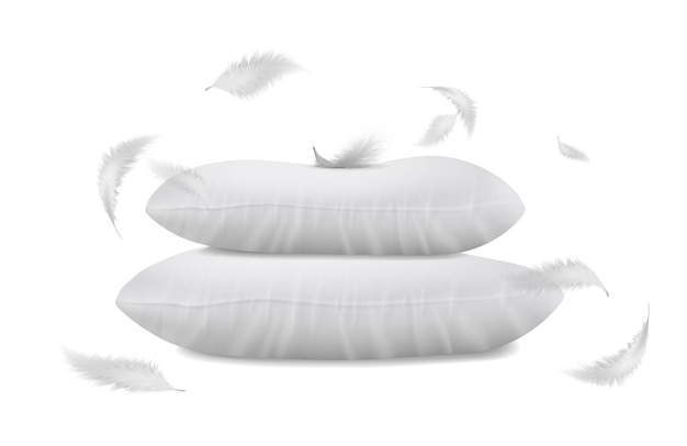 Free vector realistic vector illustration side view white pillows with flying feathers around isolated on w