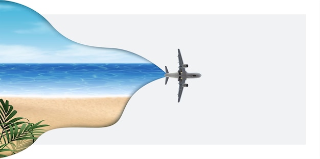 Free vector realistic vector illustration travel plane bannew with beach and sea view