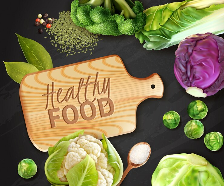 Free Vector realistic vegetables background with wooden cutting board and various kinds of cabbage