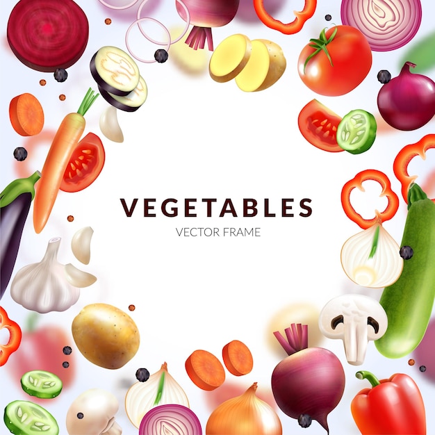 Free vector realistic vegetables frame with empty space for editable text and round composition of fresh fruit slices