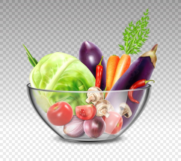 Realistic vegetables in glass bowl