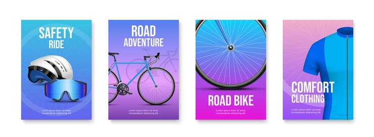 Free Vector realistic vertical neon color bicycle poster set with road bike accessories for safety ride and comfort clothing isolated vector illustration