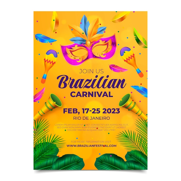 Vettore gratuito modello di poster verticale realistico per la celebrazione del carnevale brasiliano