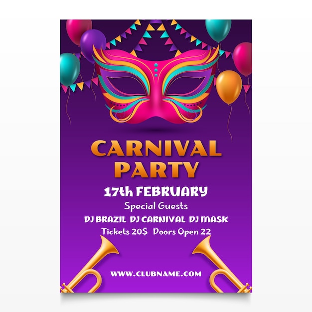 Vettore gratuito modello di poster verticale realistico per una festa di carnevale