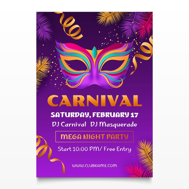 Vettore gratuito modello di poster verticale realistico per una festa di carnevale