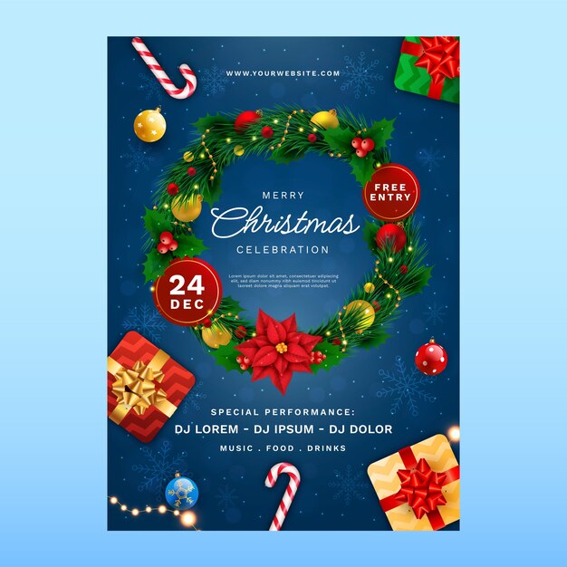 Realistic vertical poster template for christmas season celebration wreath