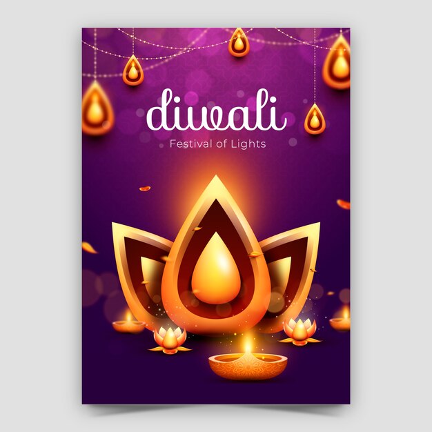 Реалистичный шаблон вертикального плаката для празднования фестиваля Дивали
