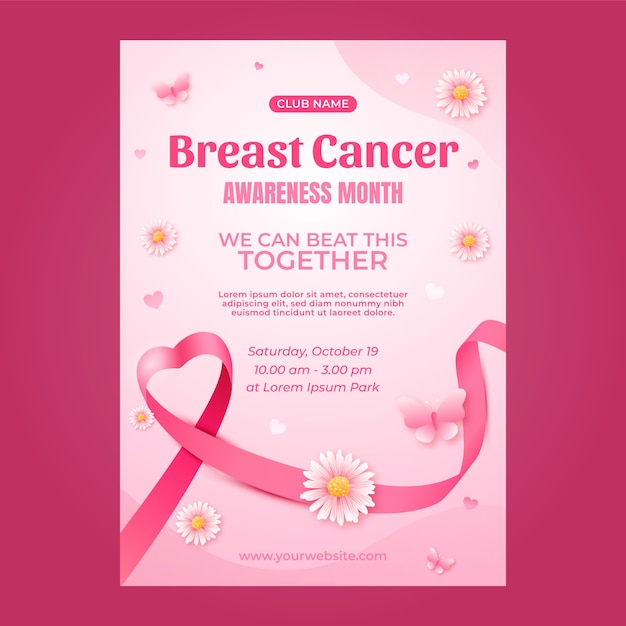 Реалистичный вертикальный шаблон плаката для месяца осведомленности о раке молочной железы
