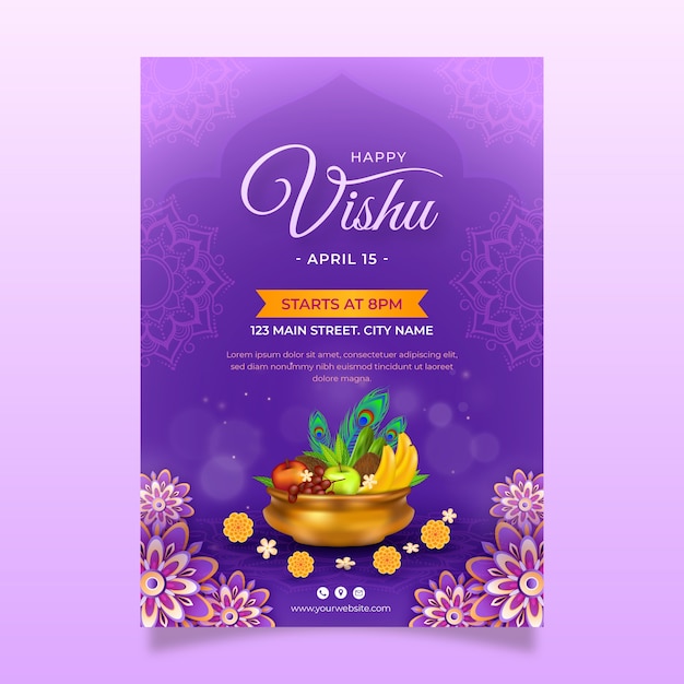 Modello di poster verticale realistico per la celebrazione del festival indù vishu