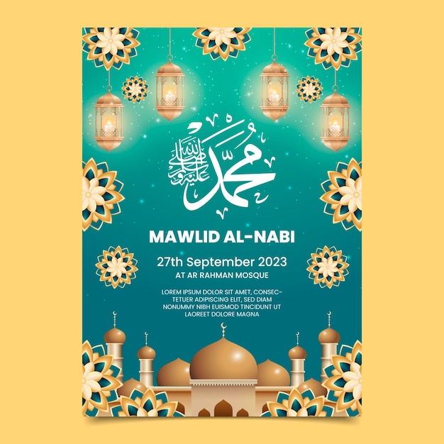 Vettore gratuito modello di poster verticale realistico per la celebrazione di mawlid al-nabi