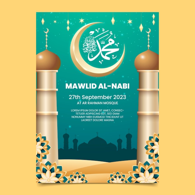 Vettore gratuito modello di poster verticale realistico per la celebrazione di mawlid al-nabi