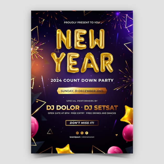 Realistic vertical poster template for new year 2024 celebration