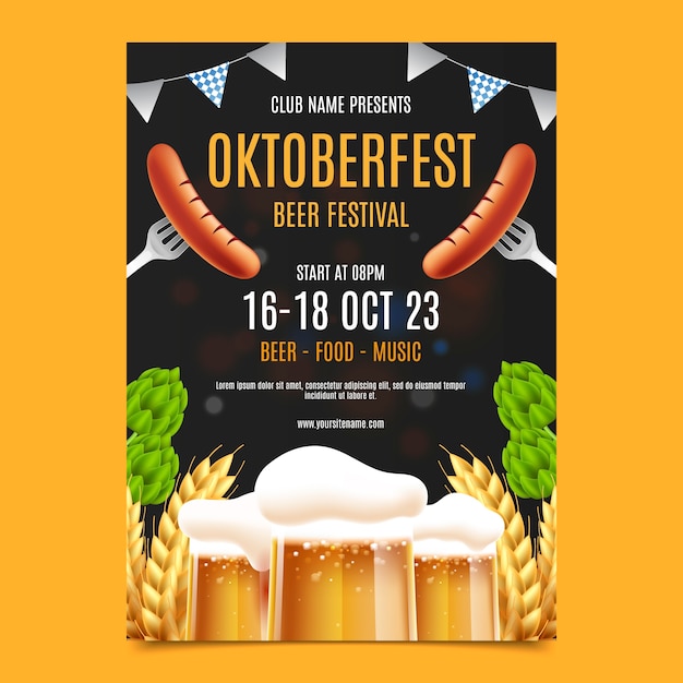 Реалистичный вертикальный шаблон плаката для празднования пивного фестиваля Oktoberfest