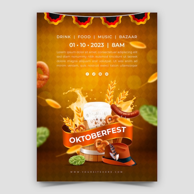 Vettore gratuito modello di poster verticale realistico per la celebrazione del festival della birra dell'oktoberfest