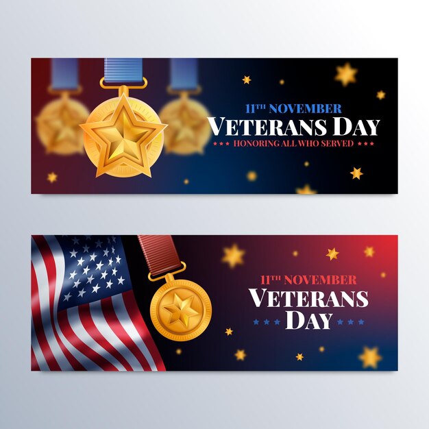 Realistic veteran's day horizontal banners set