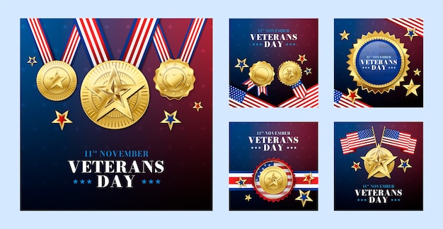 Free vector realistic veterans day instagram posts collection