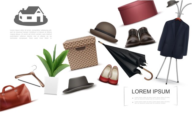 Коллекция реалистичных элементов гардероба с вешалкой для сумок, костюм шляпы-федора, зонт с растениями, мужские и женские коробки для обуви и одежды