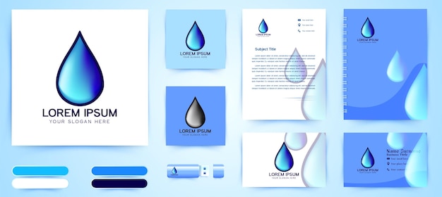 Logo realistico della goccia d'acqua e design del modello di marchio aziendale