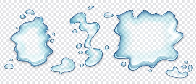 リアルな水こぼれの水たまりの上面図セット 水滴が散らばった水しぶき プレミアムベクター
