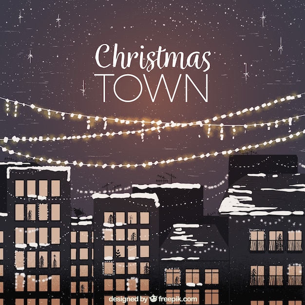 Realistic watercolour christmas town at night