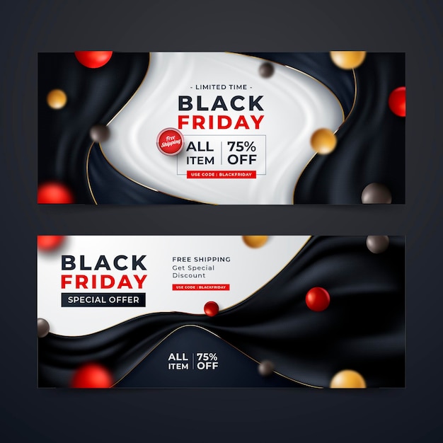 Realistic wavy black friday horizontal banners set