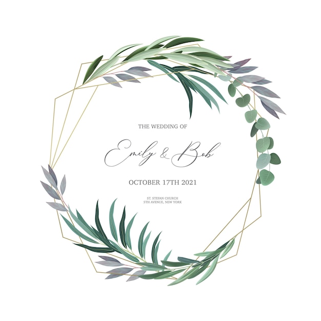 ユーカリの葉とテキストフィールドのイラストとリアルな結婚式の招待状のデザインフレーム
