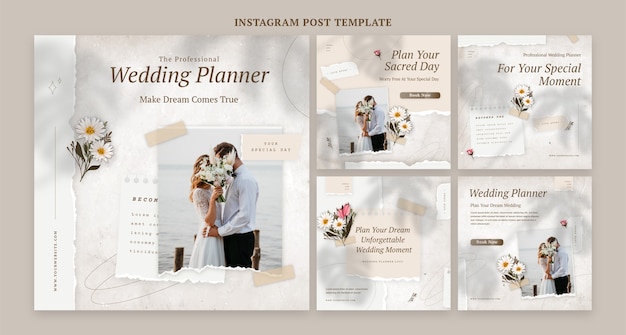 Free vector realistic wedding planner instagram posts