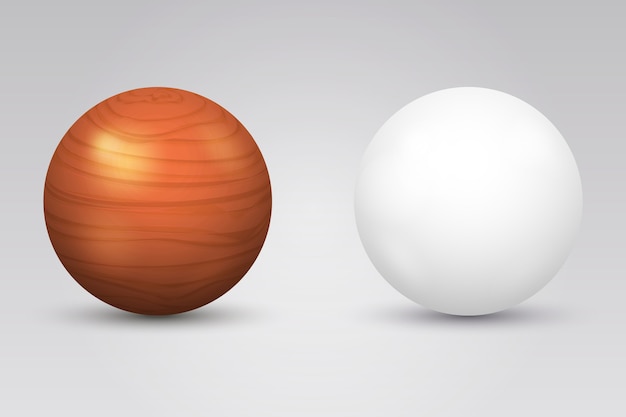 Realistic white ball and wooden sphere. round shape, geometry globe figure