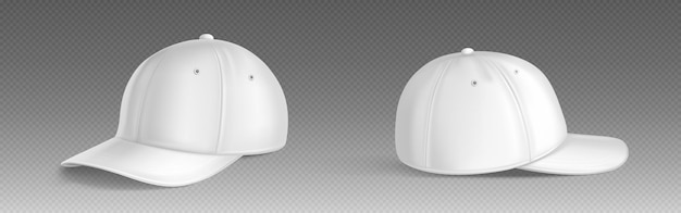 Бесплатное векторное изображение Реалистичная белая кепка спереди и сбоку изолированы на прозрачном фоне векторная иллюстрация макета бейсбольной шляпы текстильной одежды для головы с пустой поверхностью для брендинга спортивной моды