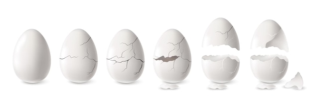 Free vector realistic white cracked and open egg set isolated vector illustration