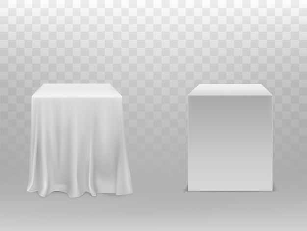 Free vector realistic white cubes, one block covered with silk cloth