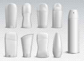 Free vector realistic white deodorant bottles set of different shapes on transparent isolated illustration